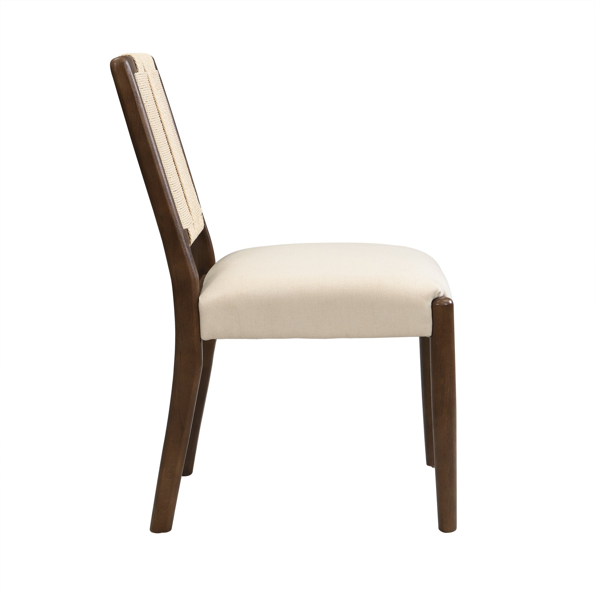 Constance brown dining chair side view with upholstered seat and rubberwood frame on white background