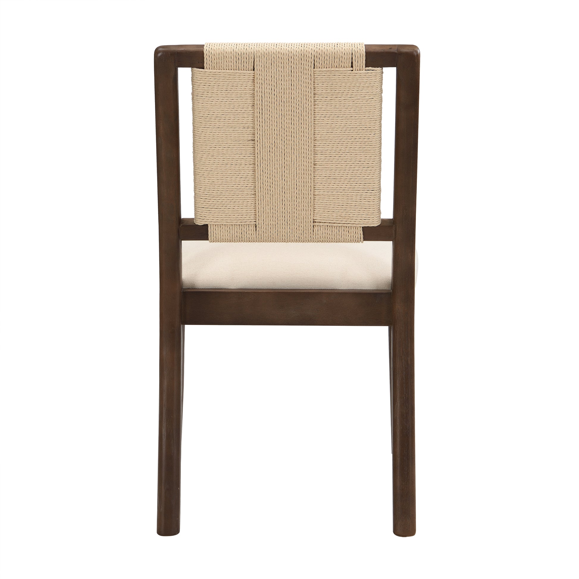 Constance brown dining chair rear view showing the woven rope backrest on white background