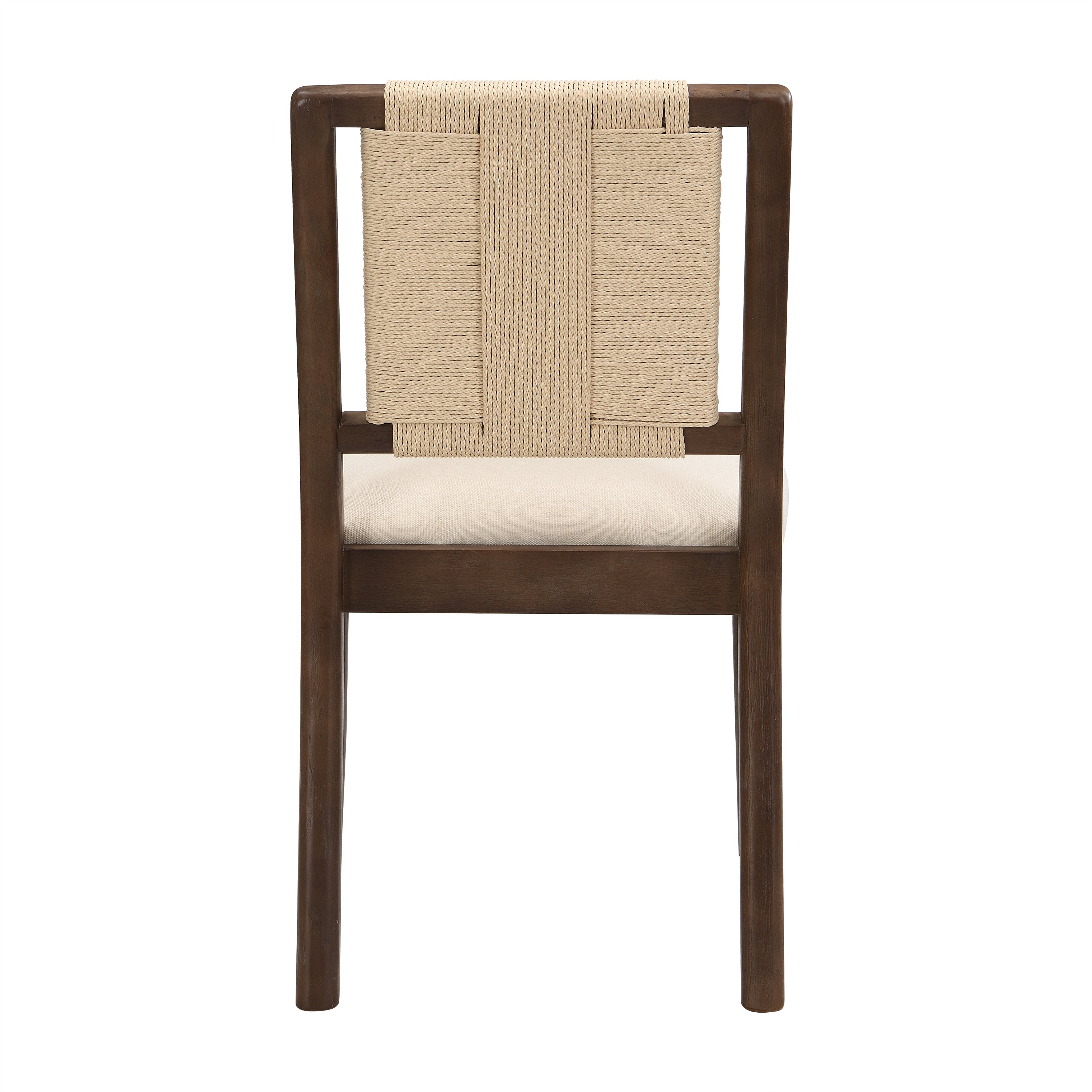 Constance brown dining chair rear view showing the woven rope backrest on white background