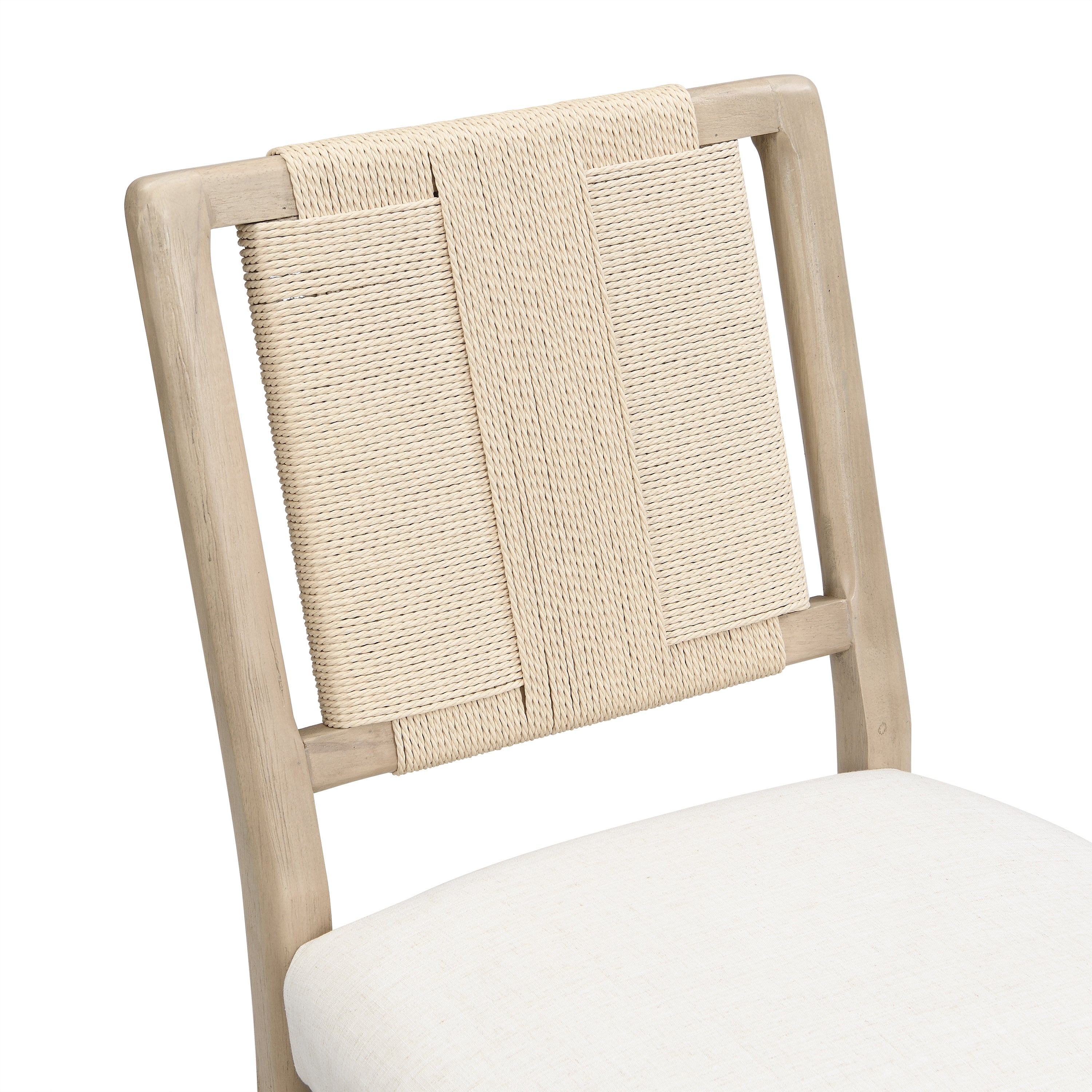 Constance natural dining chair close-up of the woven rope backrest and solid wood frame