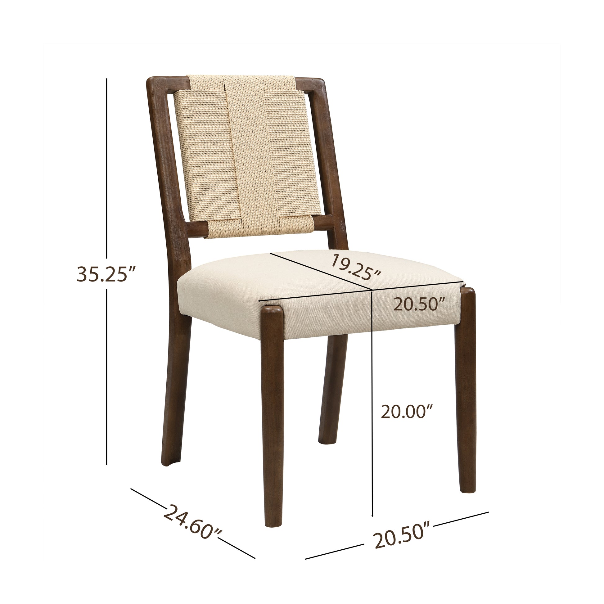 Constance natural woven rope upholstered dining chair showing product dimensions with solid rubberwood frame