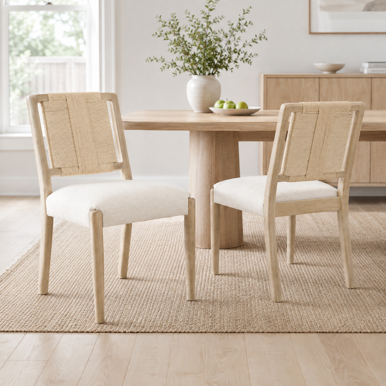 Constance natural woven rope dining chairs with upholstered seats beside a light wood dining table