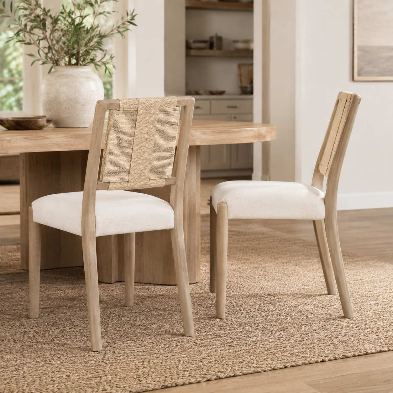 Constance natural dining chairs in a bright dining room with light wood furniture and neutral decor