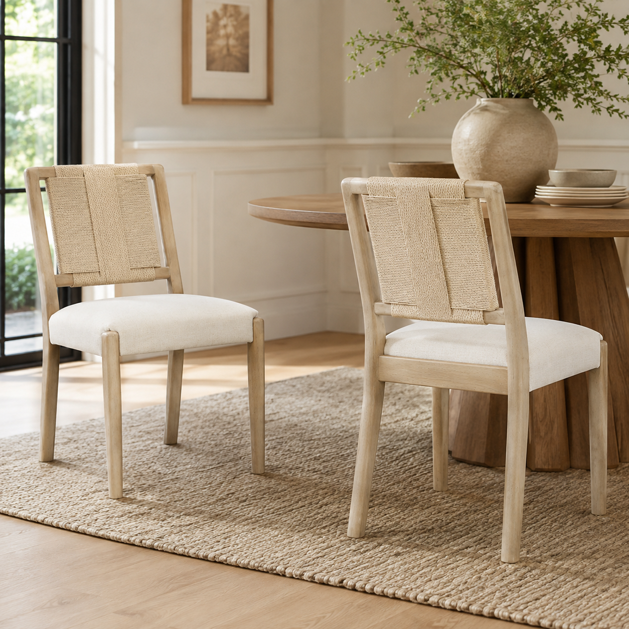 Constance natural woven rope dining chairs around a rectangular wood table in a sunlit dining space