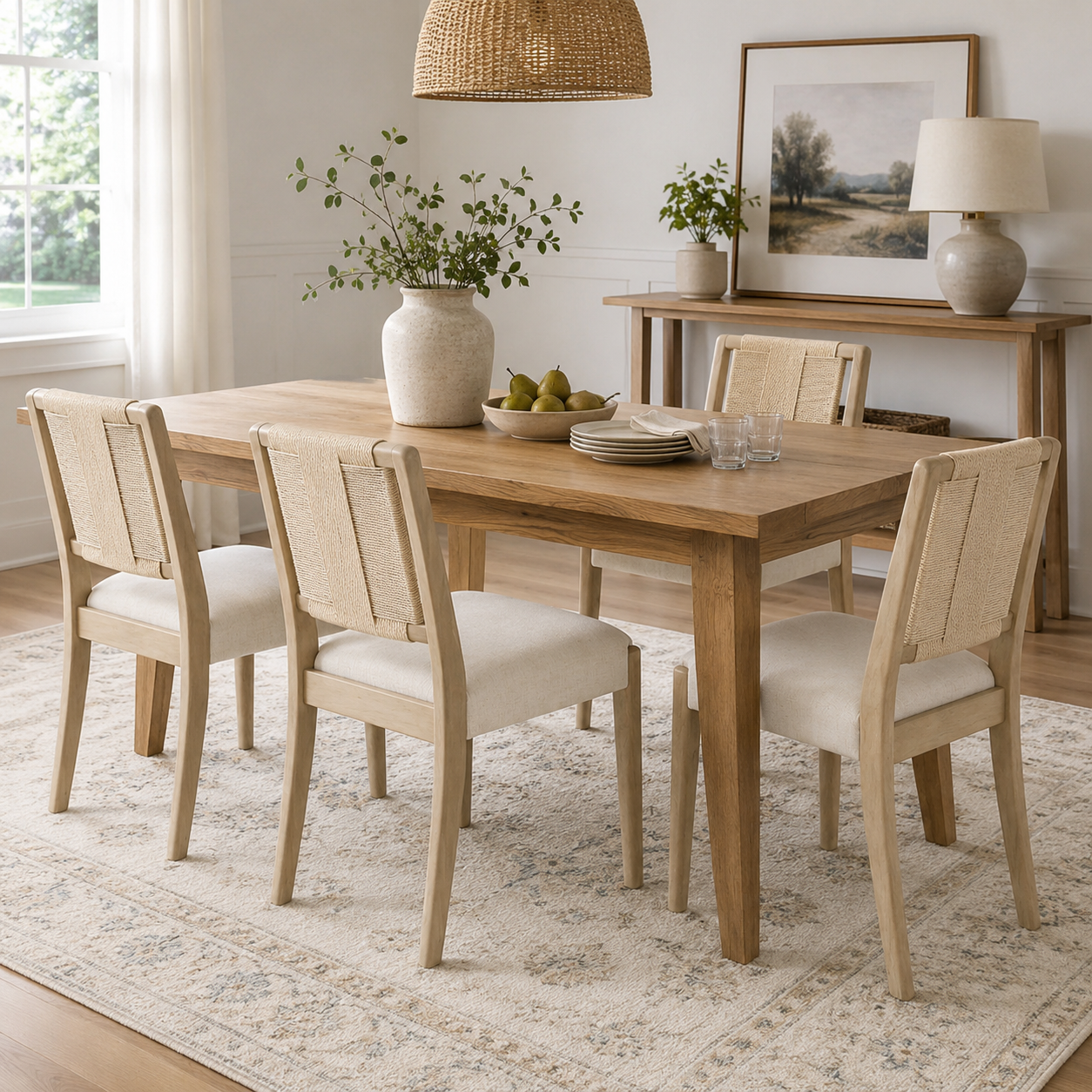 Constance natural upholstered dining chairs in a warm modern dining room with plants