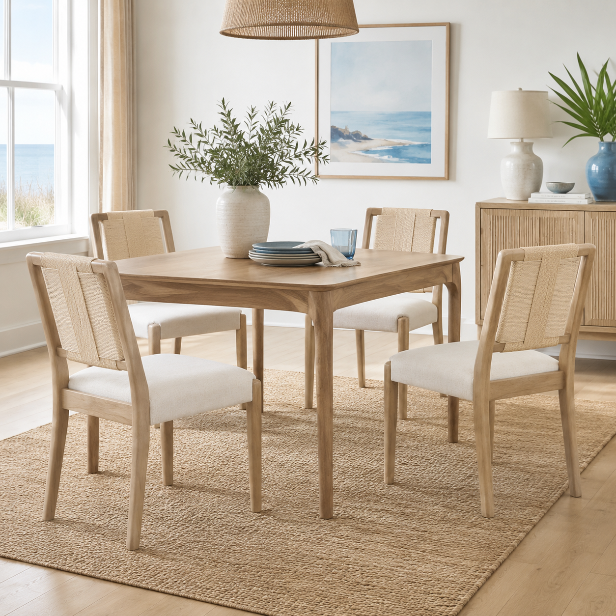 Constance natural dining chairs beside a wood dining table in a cozy contemporary home