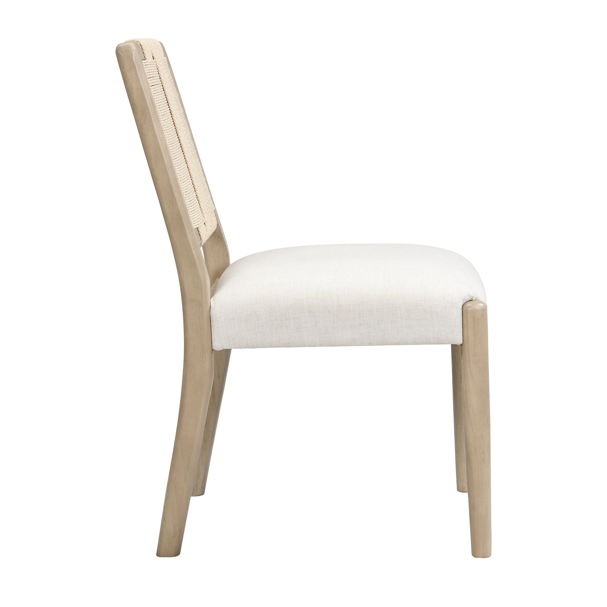 Constance natural dining chair side view with upholstered seat and solid wood frame on white background
