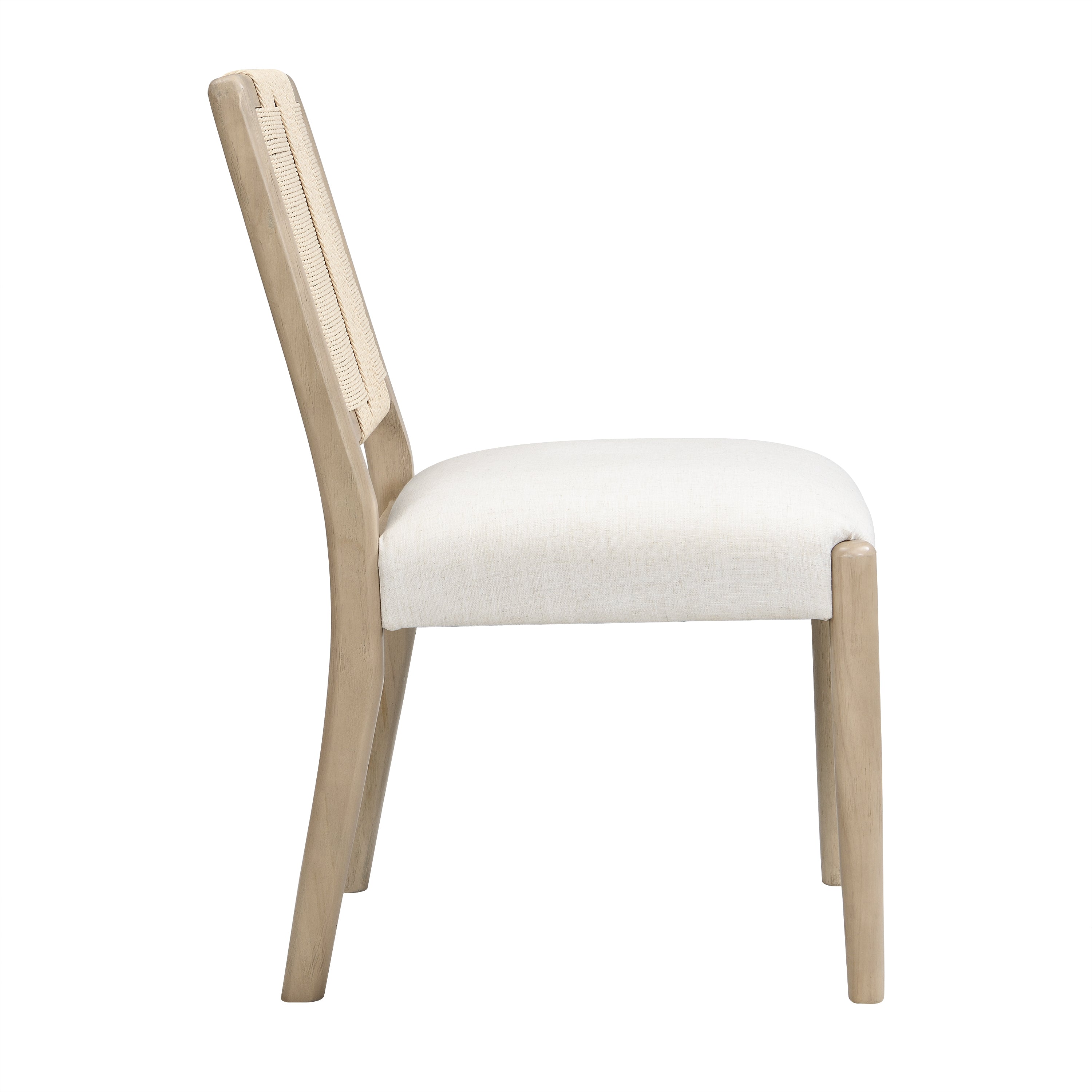 Constance natural dining chair side view with upholstered seat and solid wood frame on white background