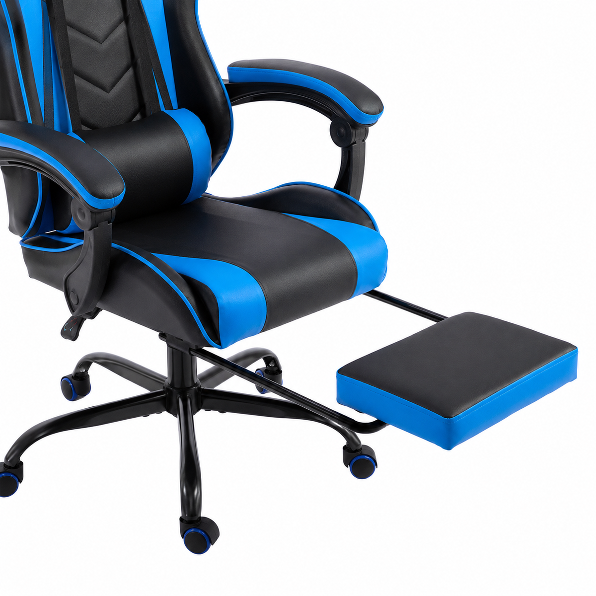 Cosmic blue gaming chair showing retractable footrest detail
