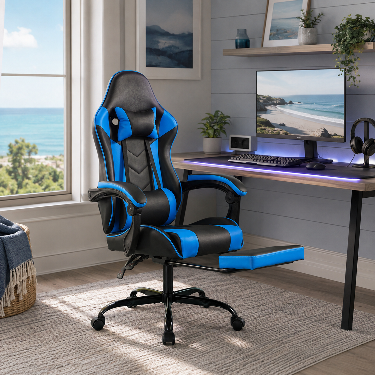 Cosmic blue ergonomic gaming chair with lumbar cushion and footrest in a modern gaming room