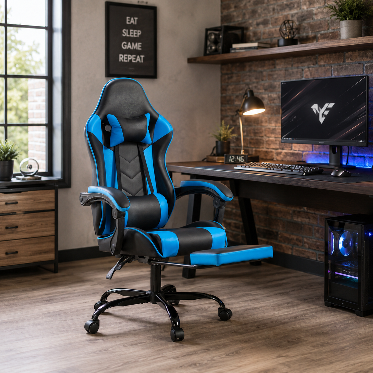 Cosmic blue gaming chair beside a computer desk in a bright home gaming setup
