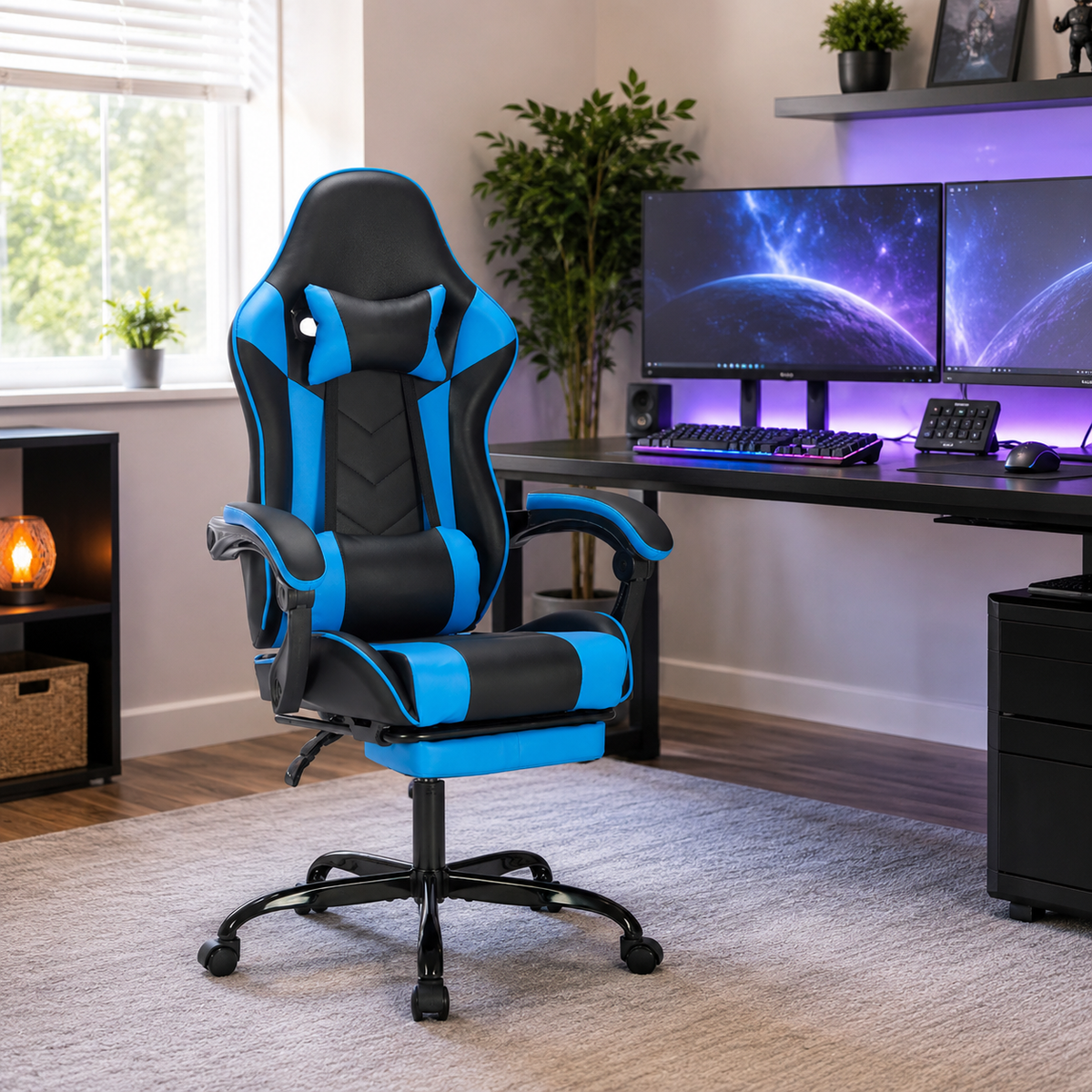Cosmic blue ergonomic gaming chair in a dark gaming room with monitor and desk