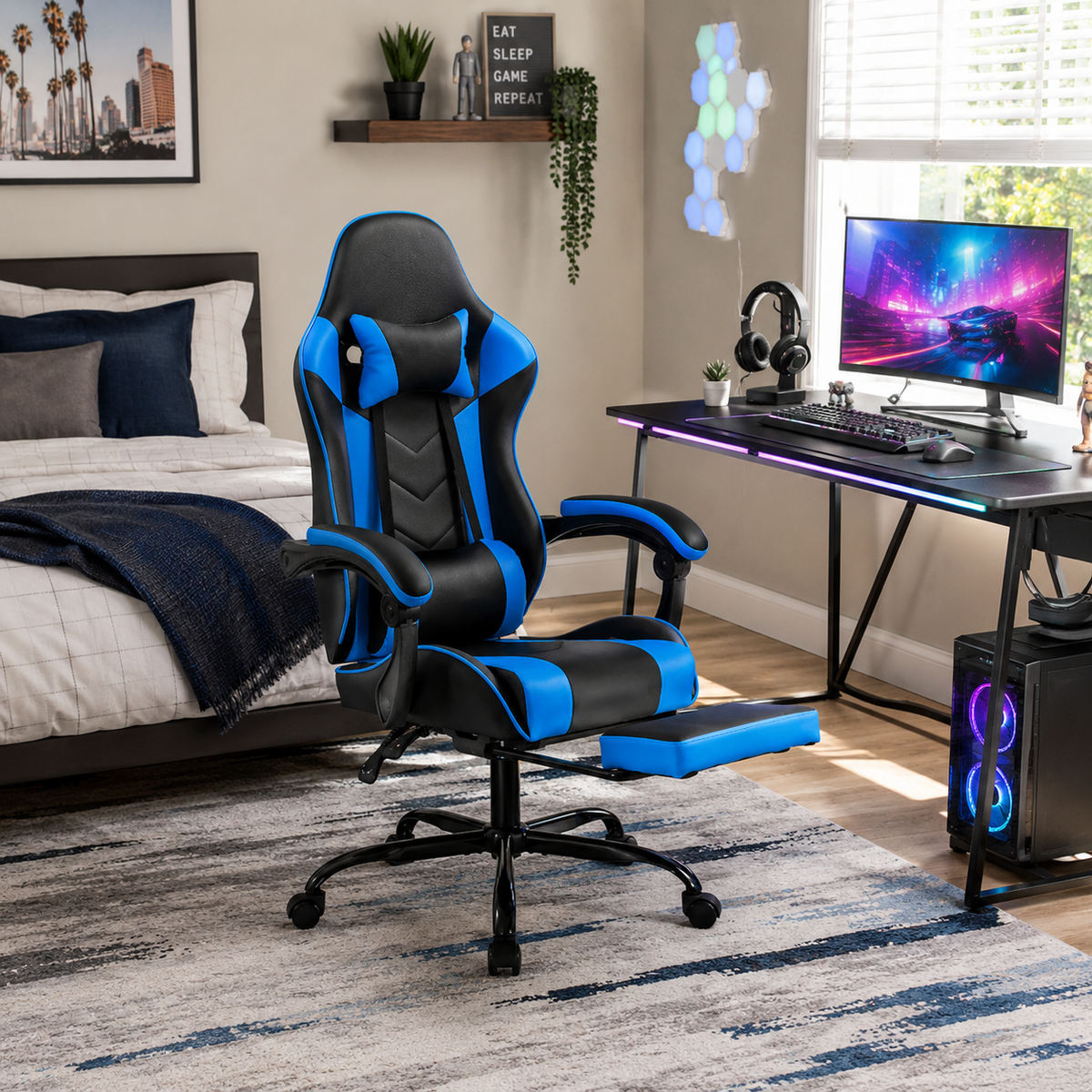 Cosmic blue gaming chair in a gaming workspace with purple LED lighting