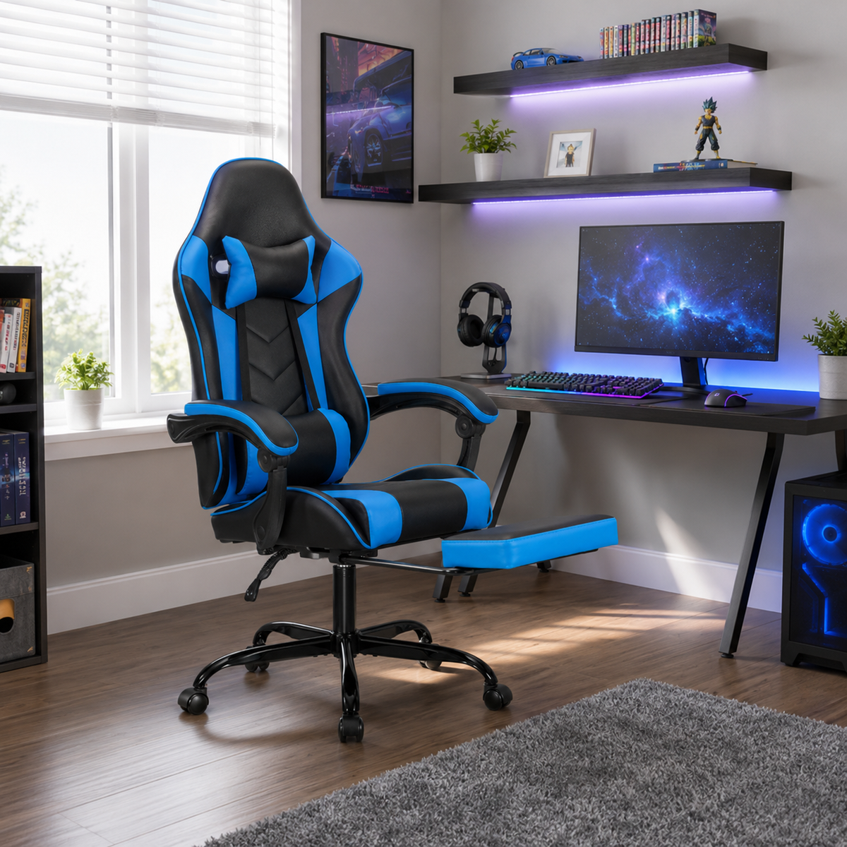 Cosmic blue ergonomic gaming chair with footrest in a bedroom gaming setup