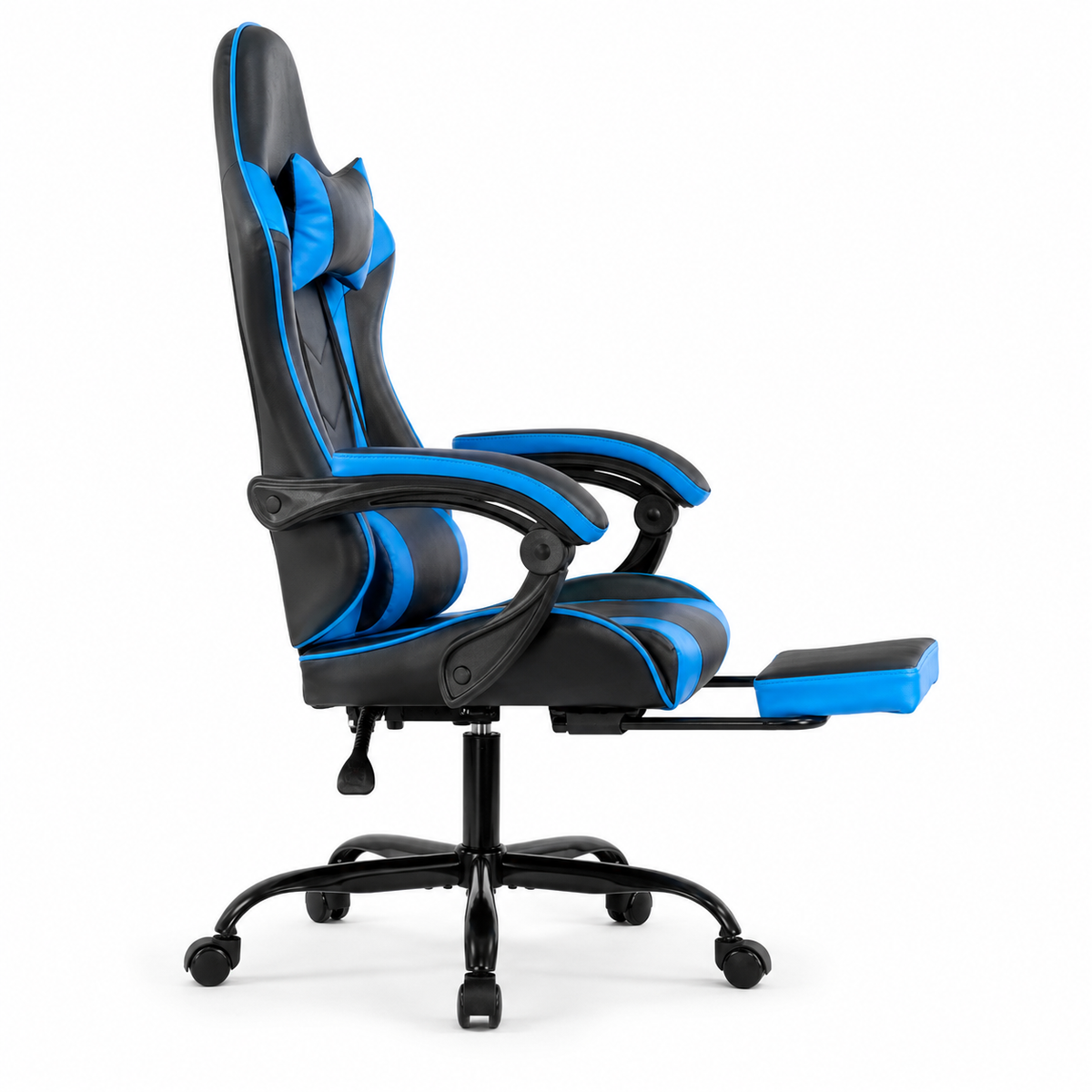 Cosmic blue gaming chair side view with extended footrest on white background