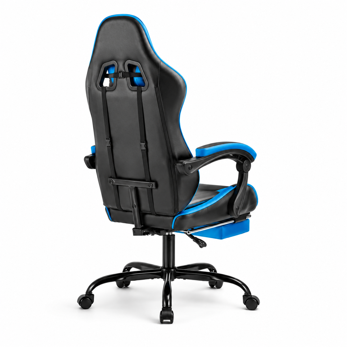 Cosmic blue ergonomic gaming chair rear angled view on white background