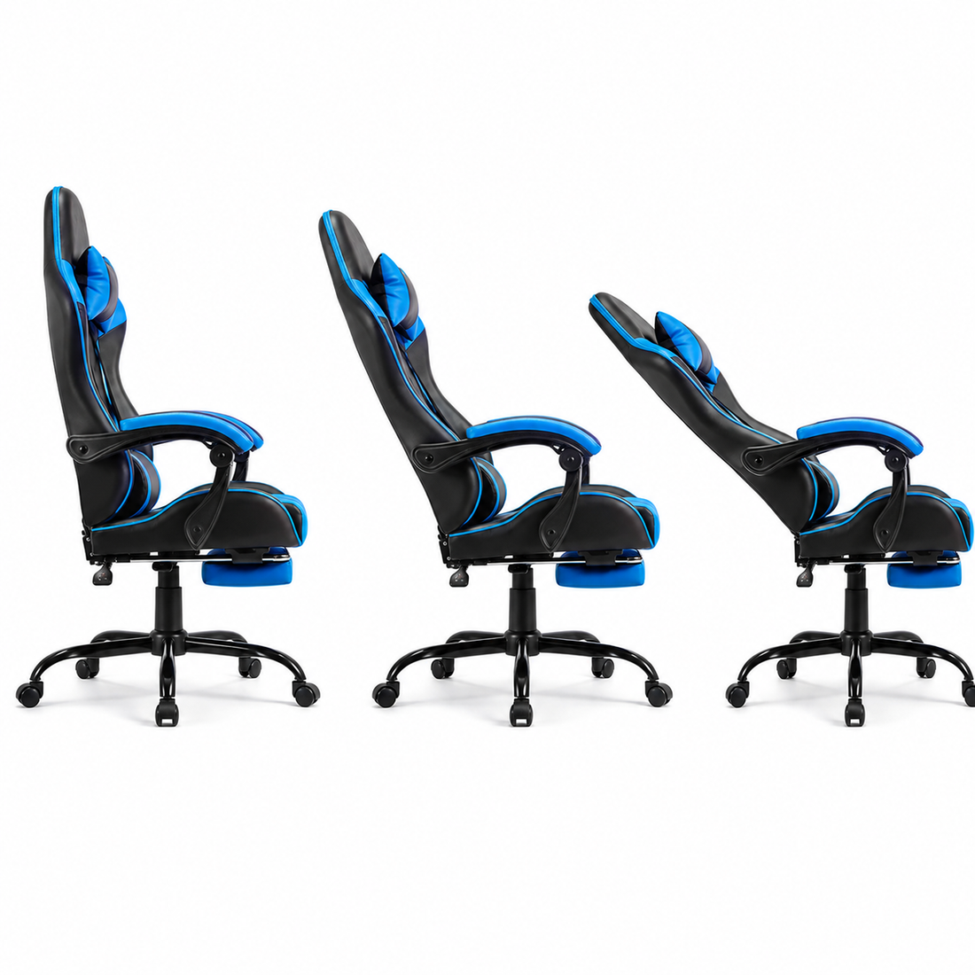 Cosmic blue gaming chair showing multi-angle recline 