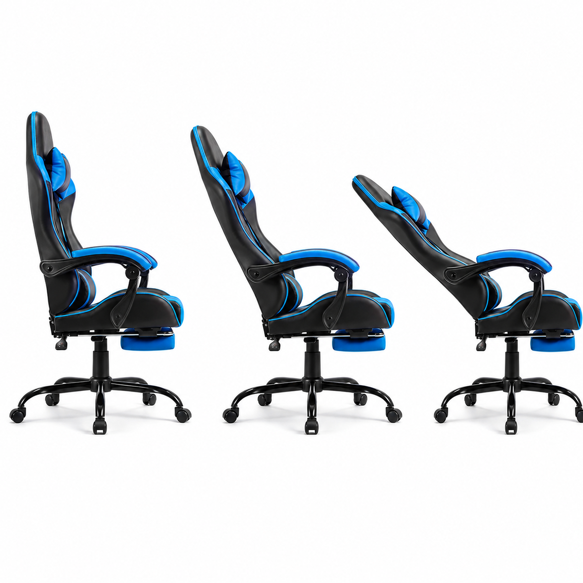 Cosmic blue gaming chair showing multi-angle recline 
