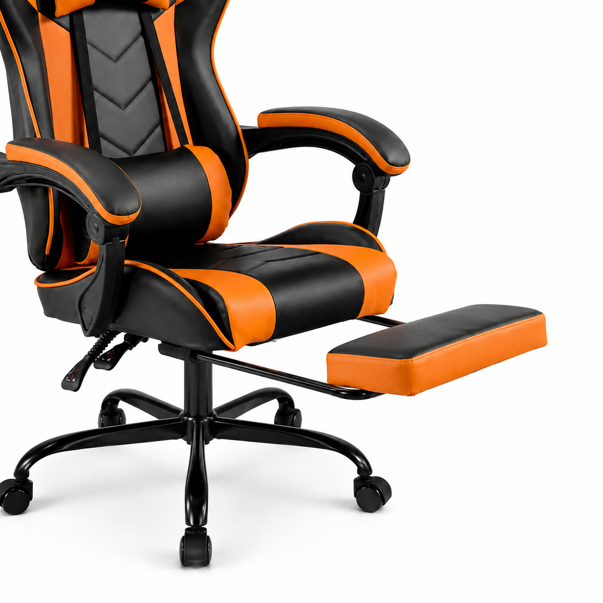 Cosmic red gaming chair showing retractable footrest detail