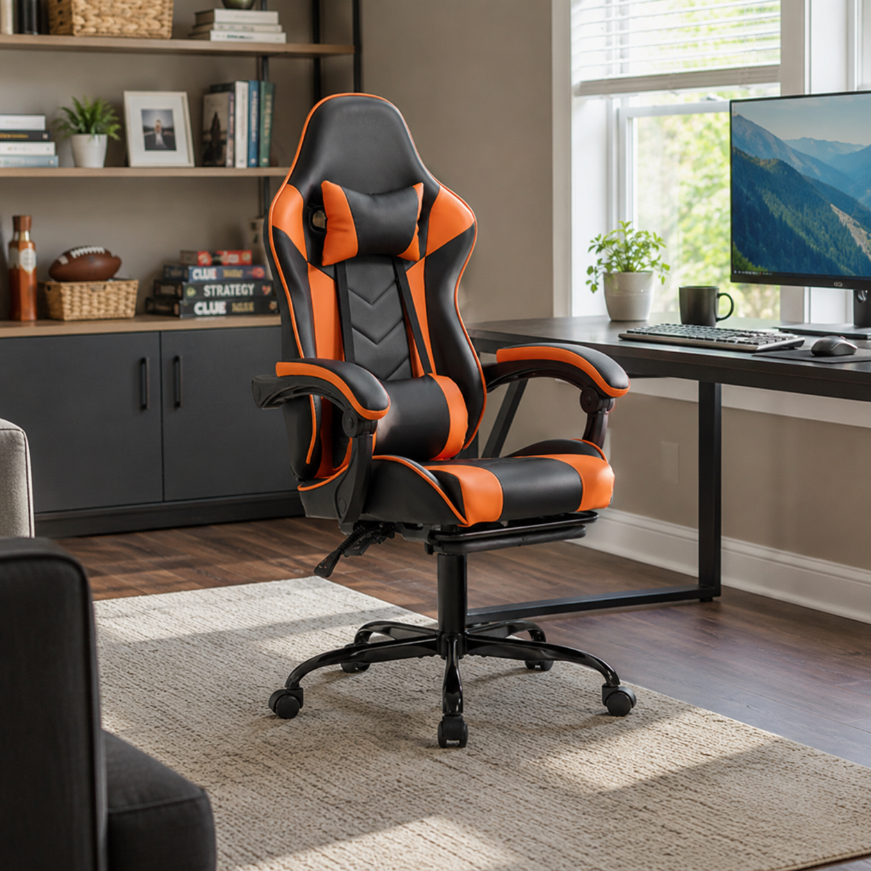 Cosmic red ergonomic gaming chair with lumbar cushion and footrest in a modern gaming room