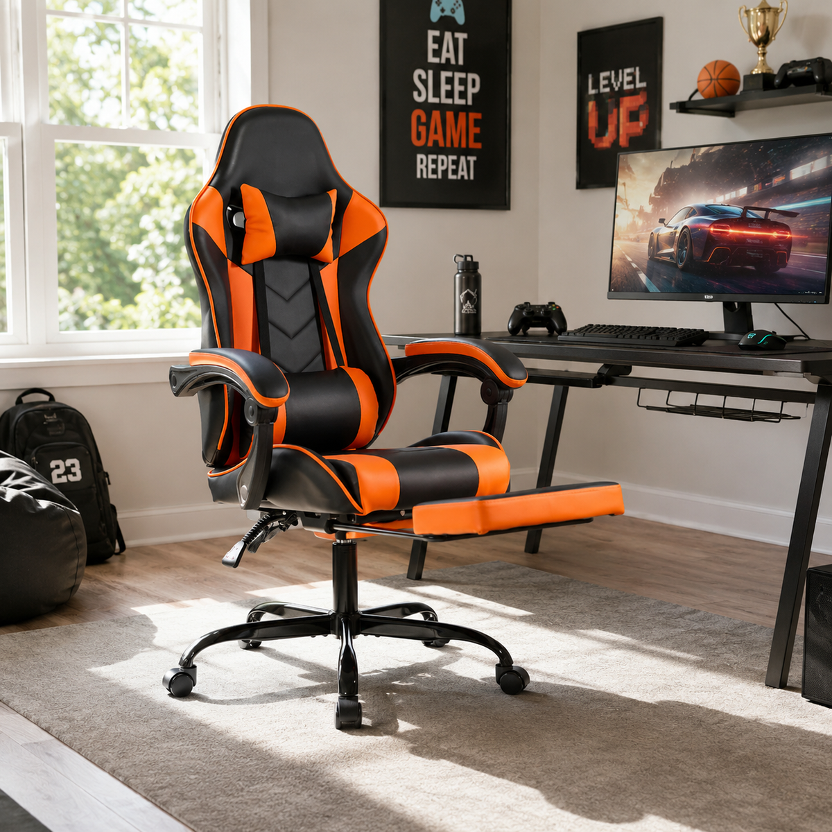 Cosmic red gaming chair beside a computer desk in a warm gaming workspace