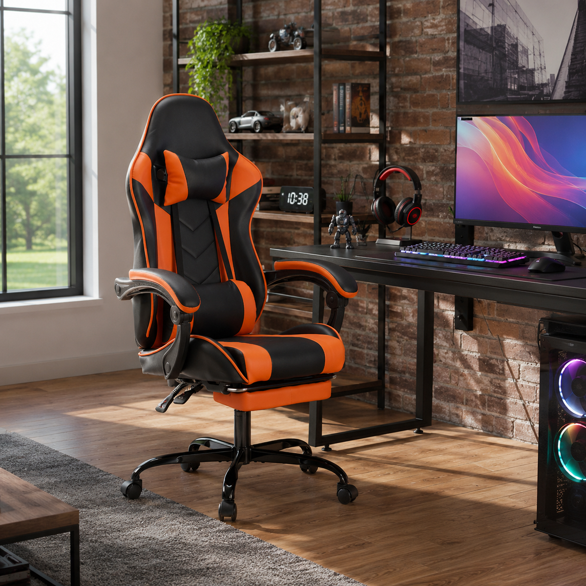Cosmic red ergonomic gaming chair in a dark gaming room with monitor and PC setup