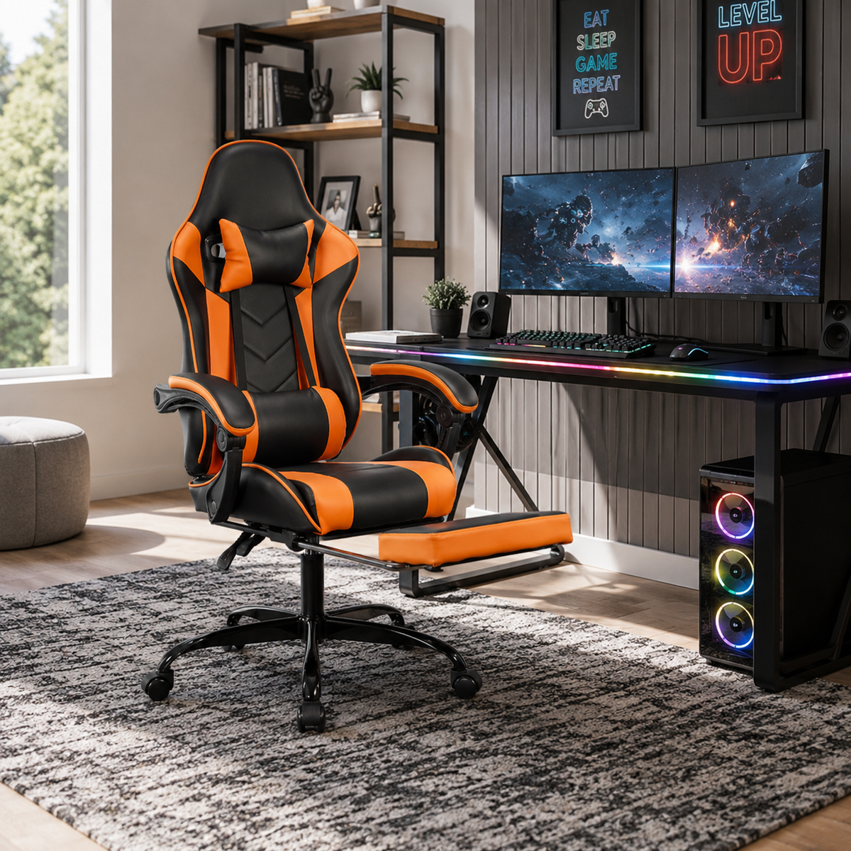 Cosmic red gaming chair with footrest in a contemporary home gaming area