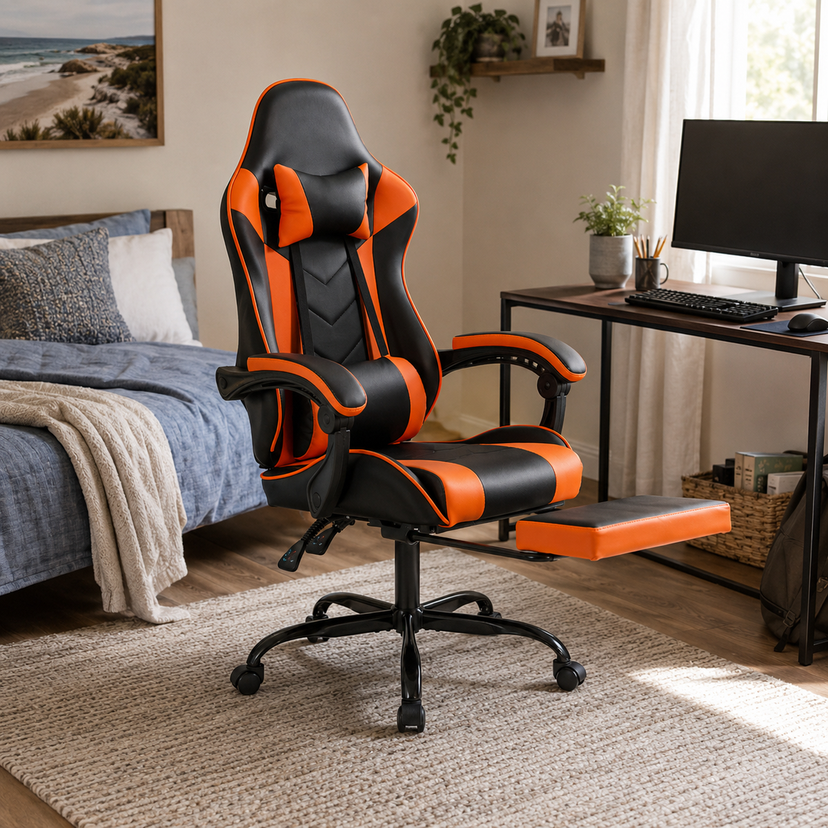 Cosmic red gaming chair with footrest in a contemporary home gaming area