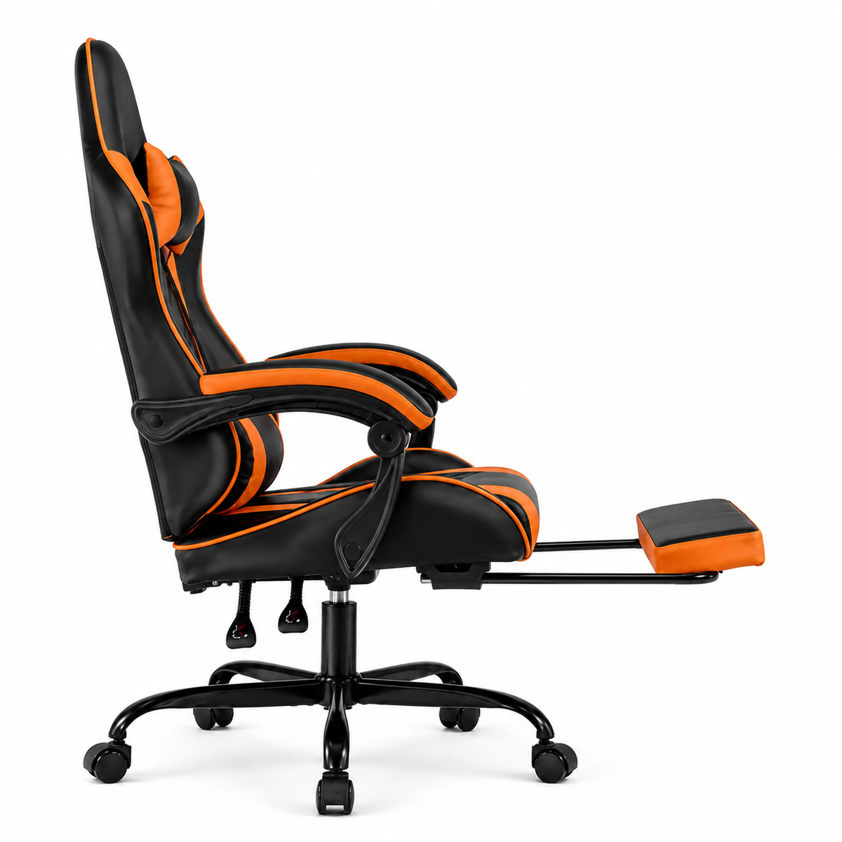 Cosmic red ergonomic gaming chair side view with extended footrest on white background