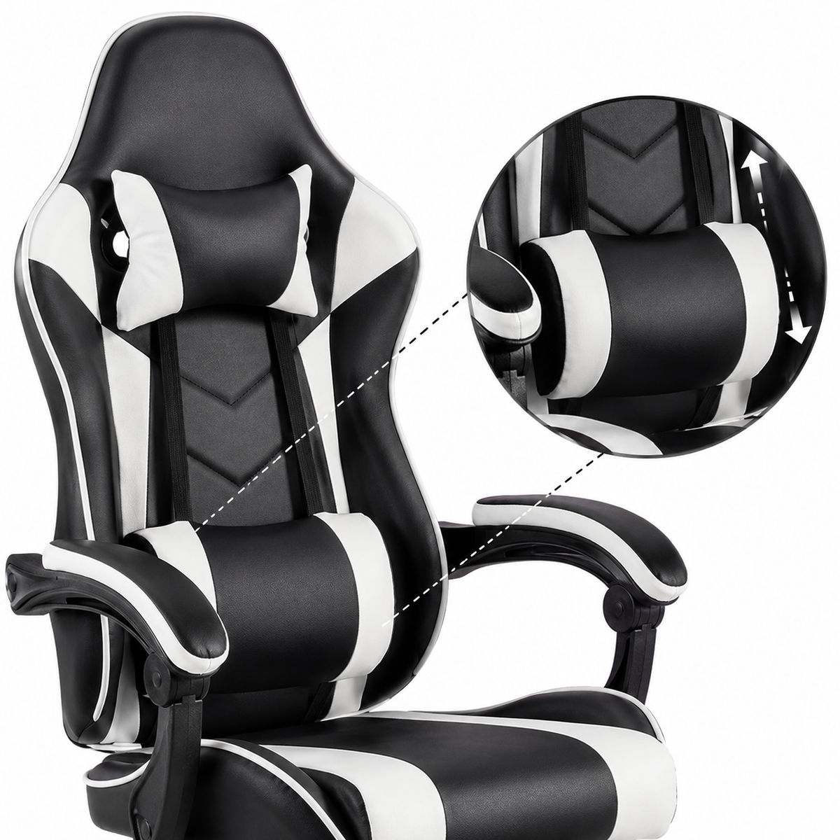 Cosmic white gaming chair showing backrest and lumbar cushion detail