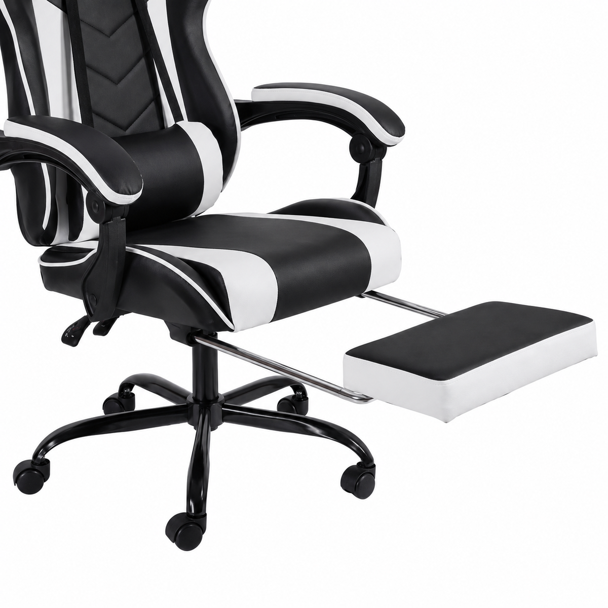 Cosmic white gaming chair showing retractable footrest detail