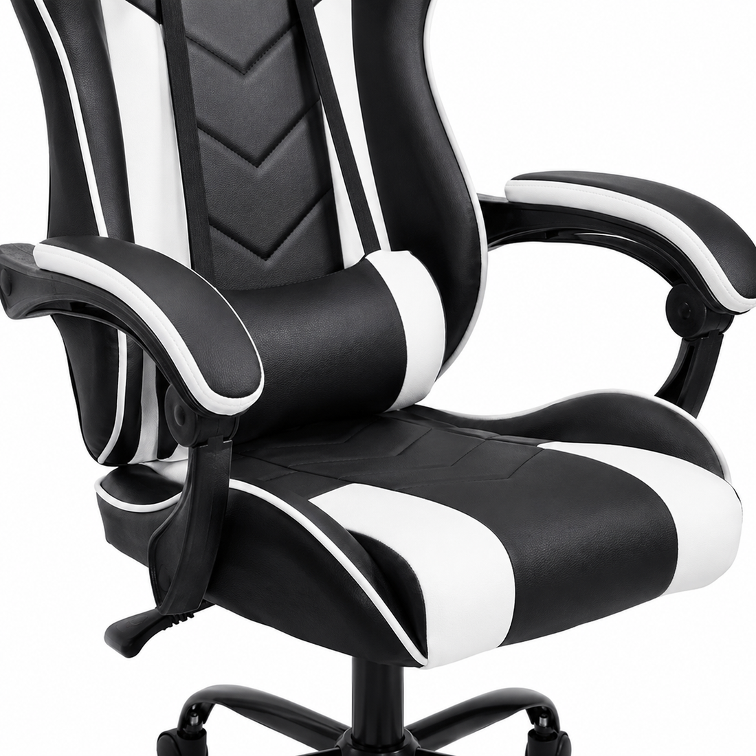 Cosmic white gaming chair showing padded armrest and seat detail