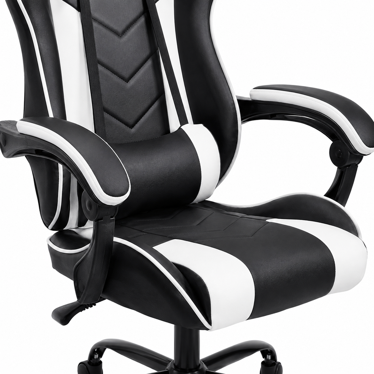 Cosmic white gaming chair showing padded armrest and seat detail