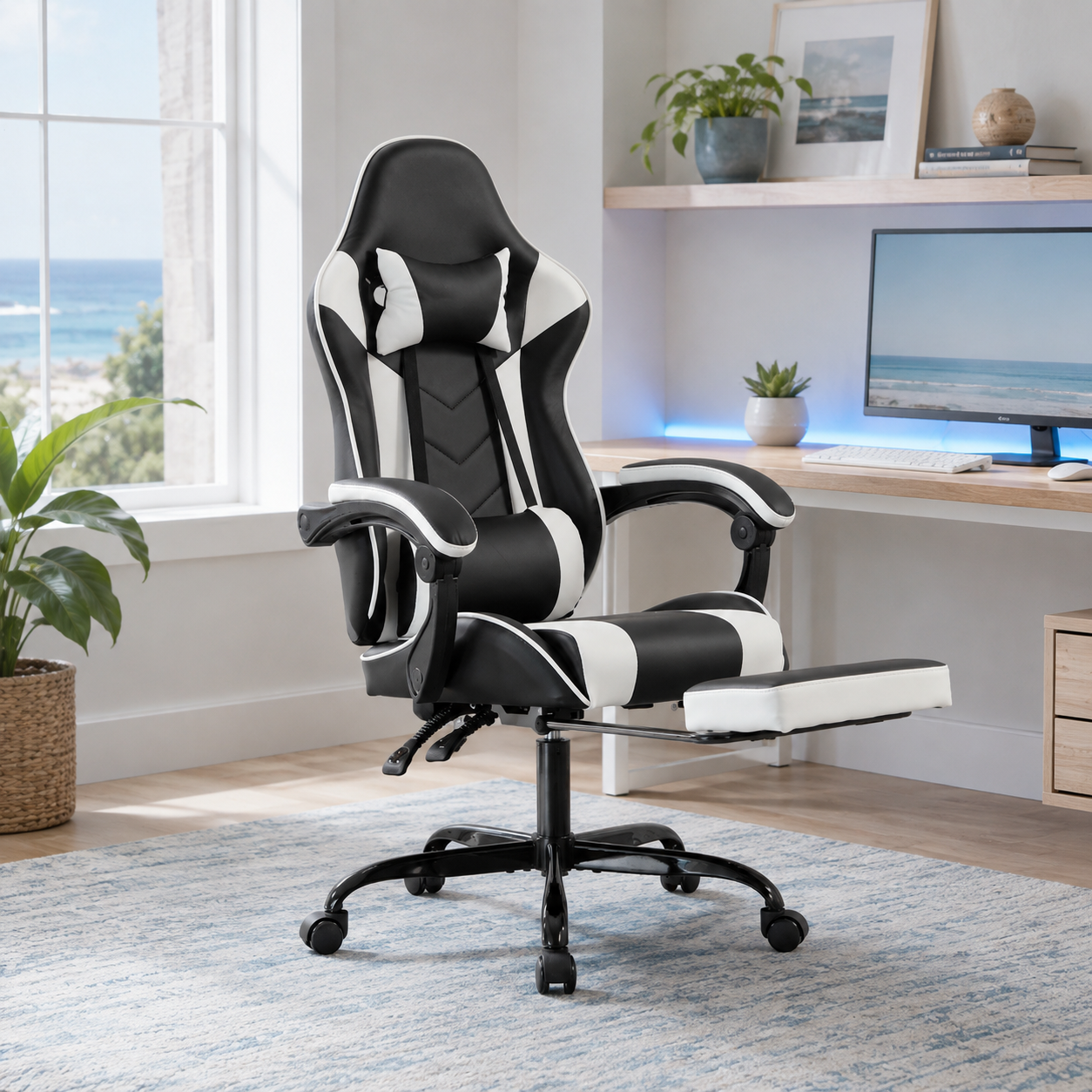 Cosmic white ergonomic gaming chair with lumbar cushion and footrest in a bright home office