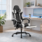 Cosmic white ergonomic gaming chair with lumbar cushion and footrest in a bright home office