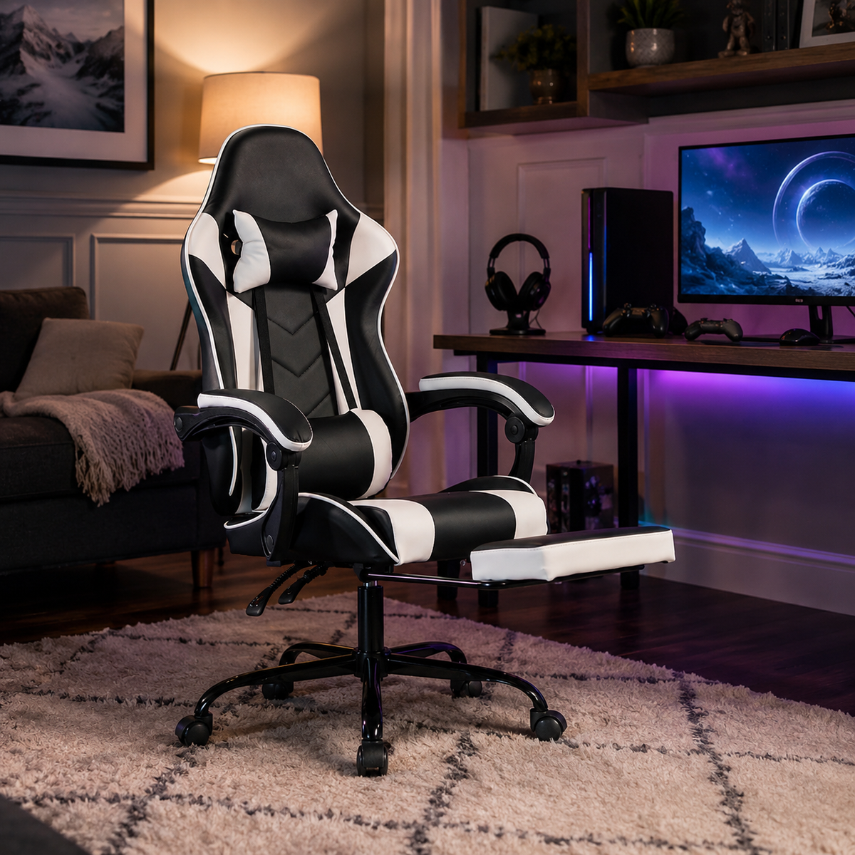 Cosmic white gaming chair beside a computer desk in a modern gaming workspace