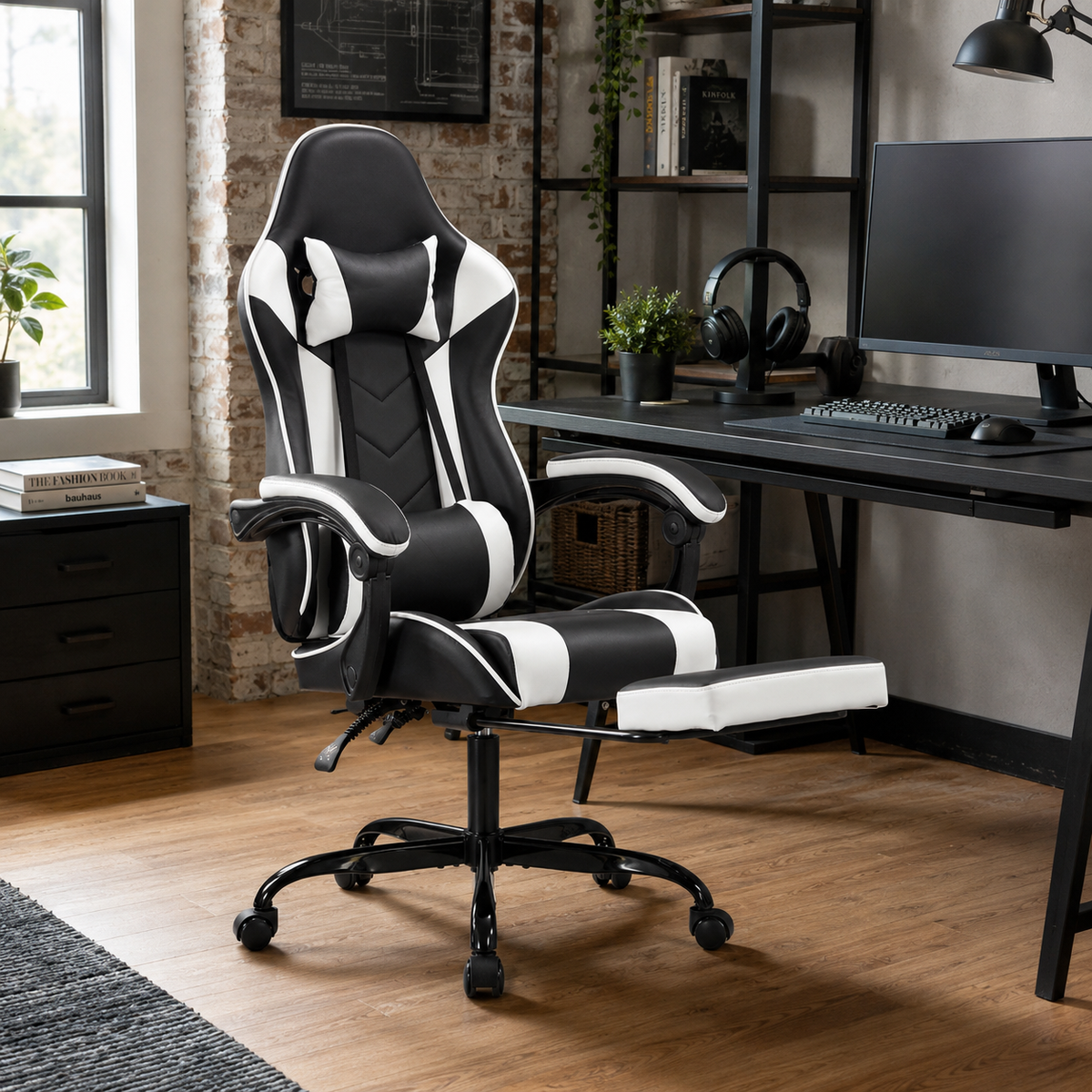 Cosmic white ergonomic gaming chair in a contemporary room with desk and shelving