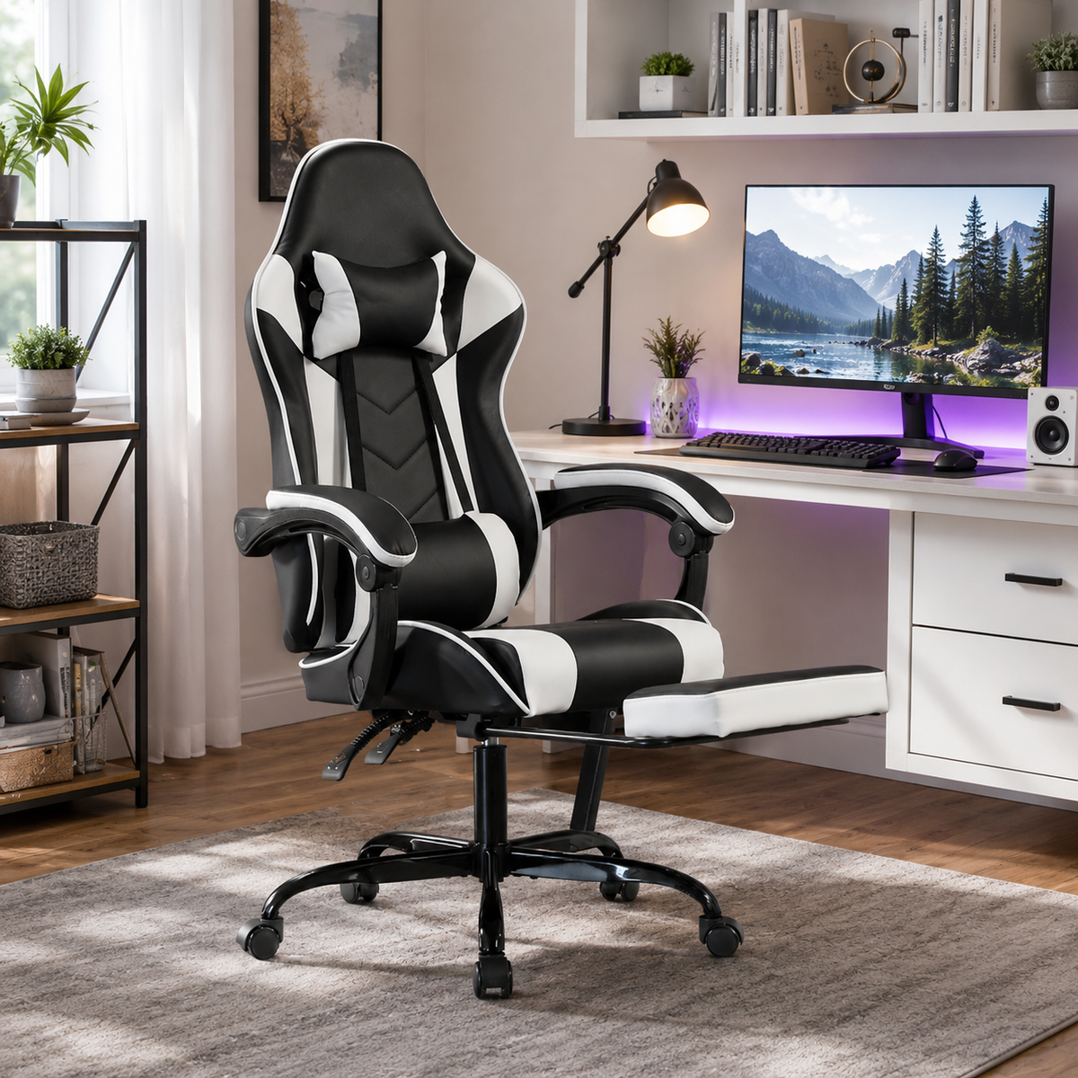 Cosmic white gaming chair in a dark gaming room with purple LED lighting