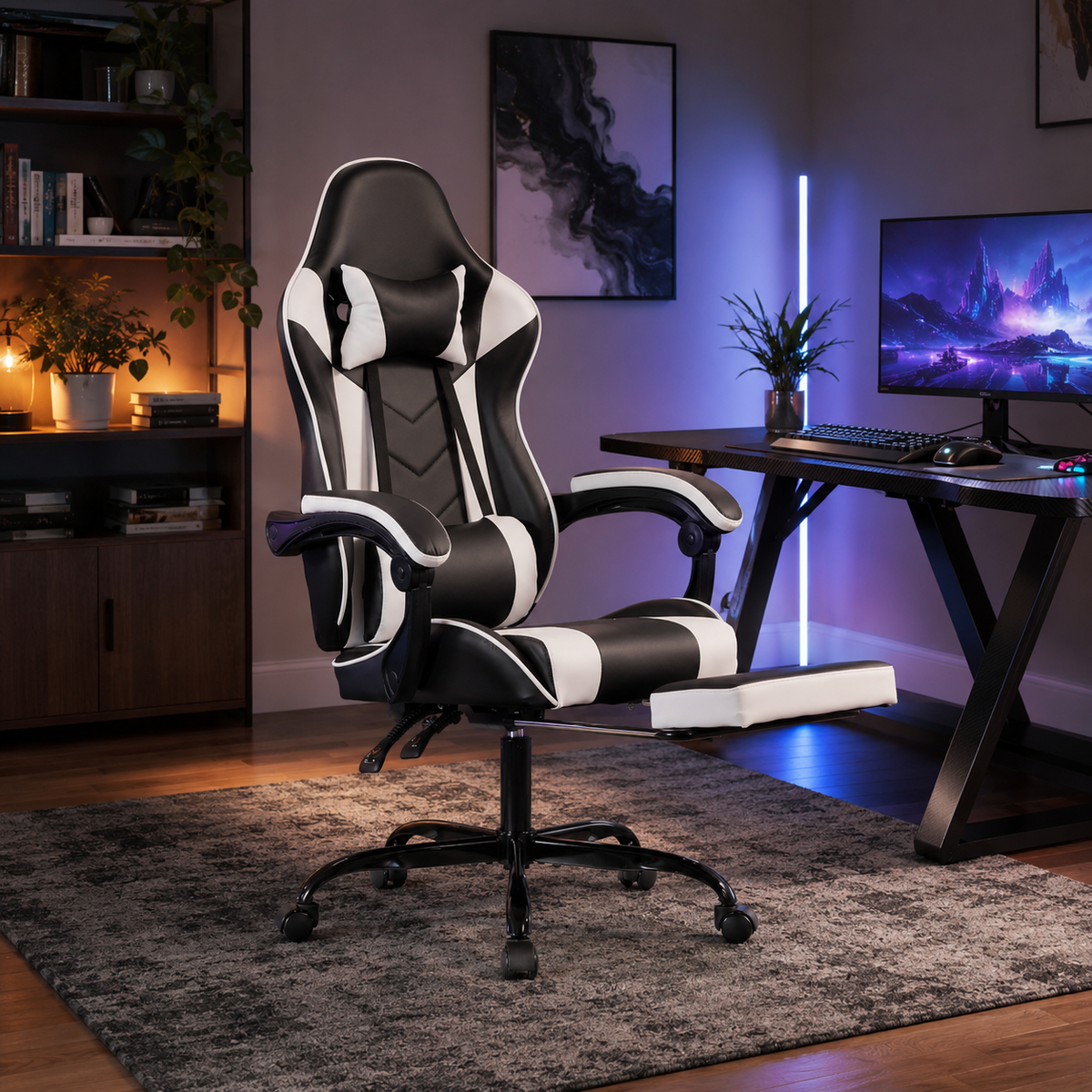 Cosmic white gaming chair in a dark gaming room with purple LED lighting