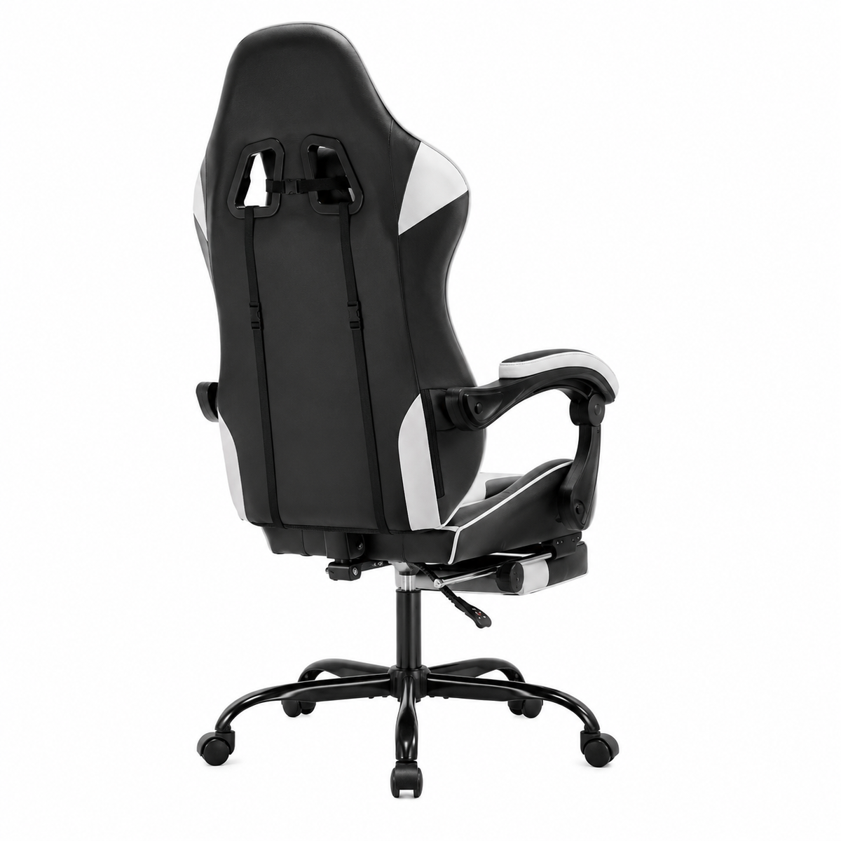 Cosmic white ergonomic gaming chair side view with extended footrest on white background