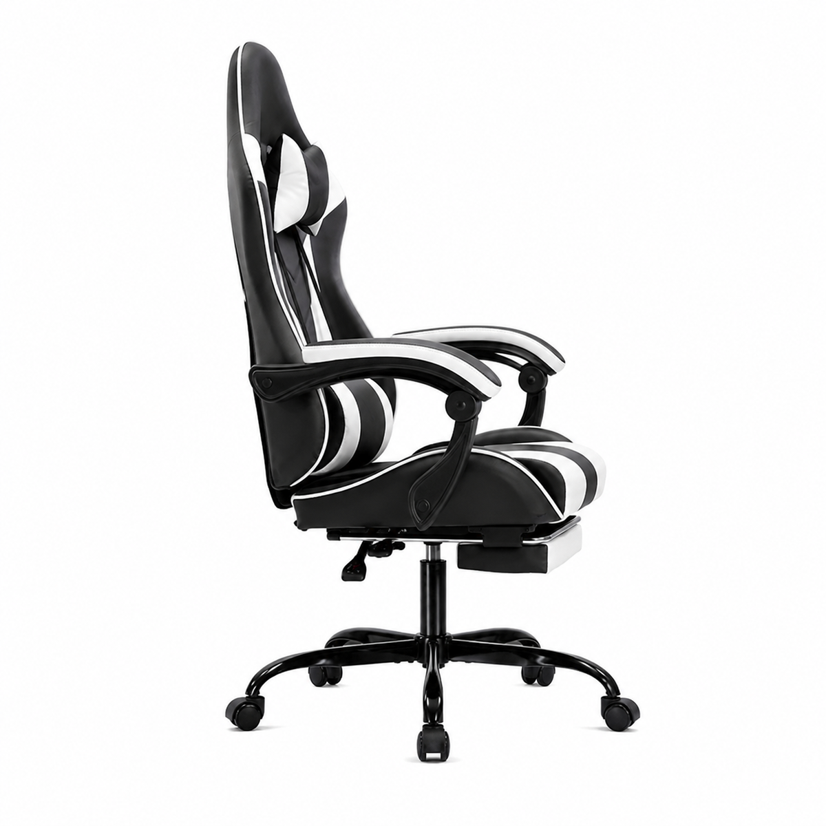 Cosmic white ergonomic gaming chair side view with extended footrest on white background
