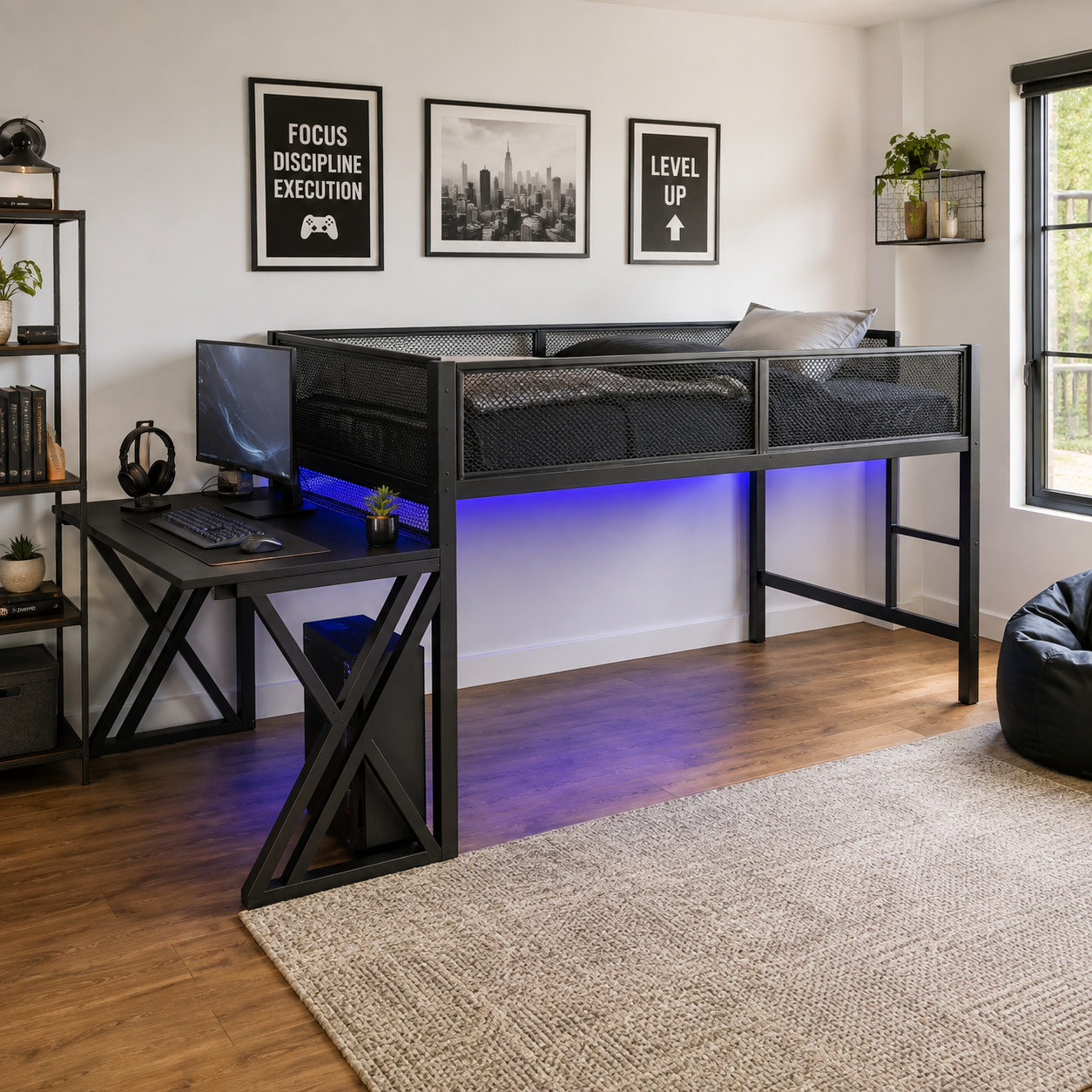 Darsen black loft bed showing a Twin XL gaming setup with desk and blue LED lighting in a modern bedroom