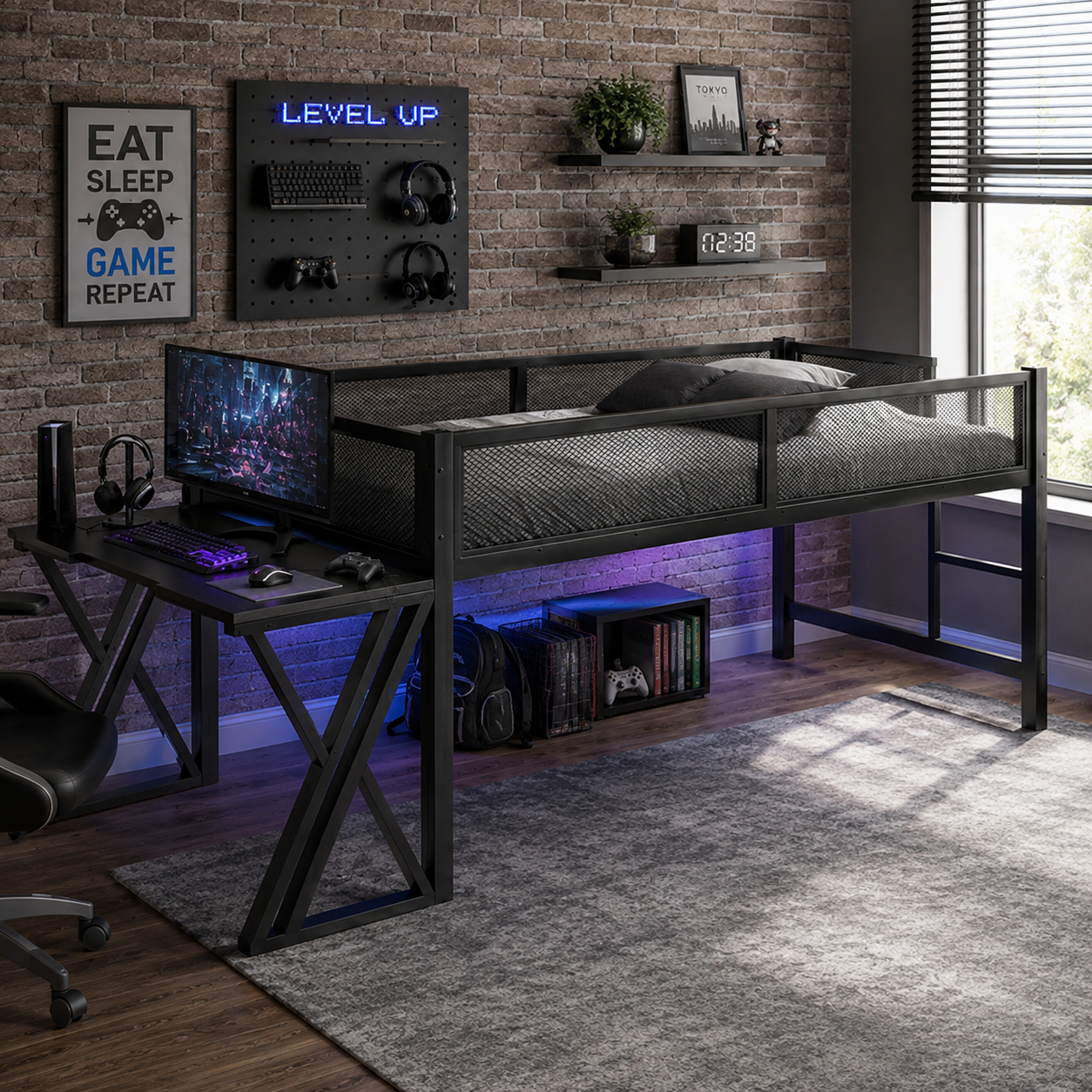 Darsen black loft bed showing a gaming desk with monitor setup and blue LED lighting in a dark bedroom