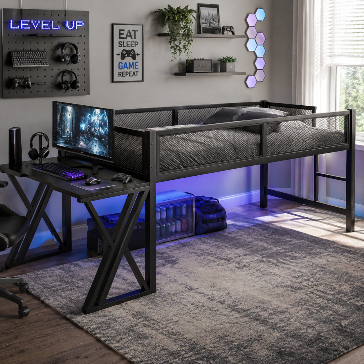 Darsen black loft bed showing an underbed gaming workspace with dual monitors and blue LED lights