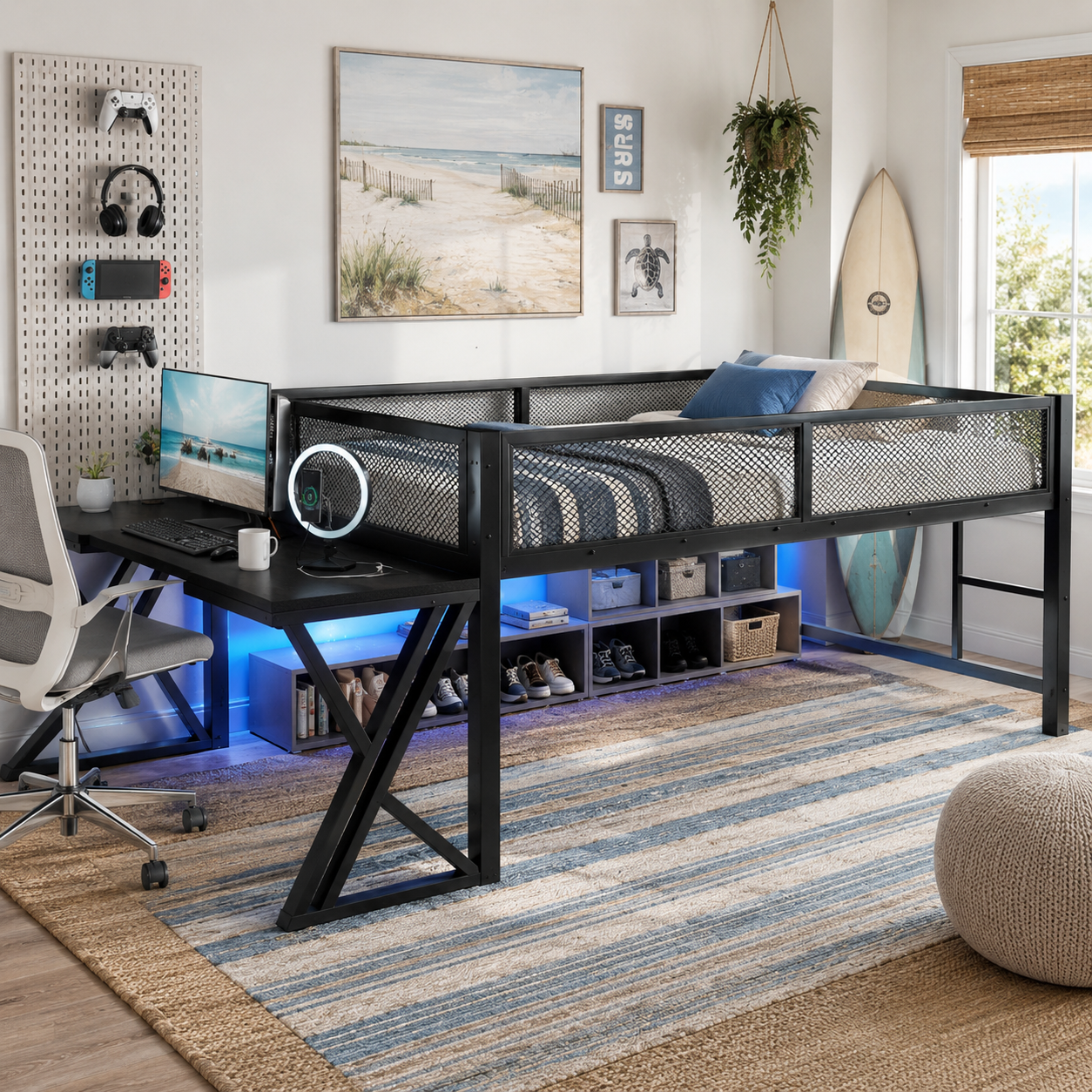 Darsen black full size metal low loft bed with gaming desk LED lights and USB ports in a modern bedroom