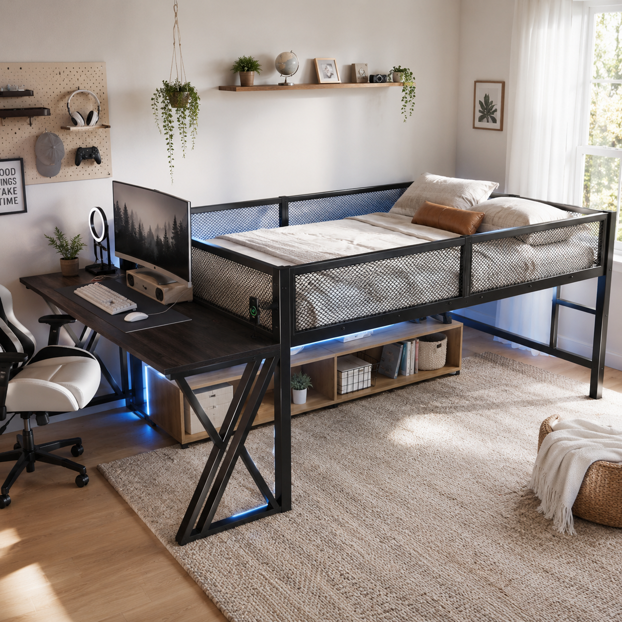 Darsen black full size metal low loft bed with desk in a bright bedroom workspace