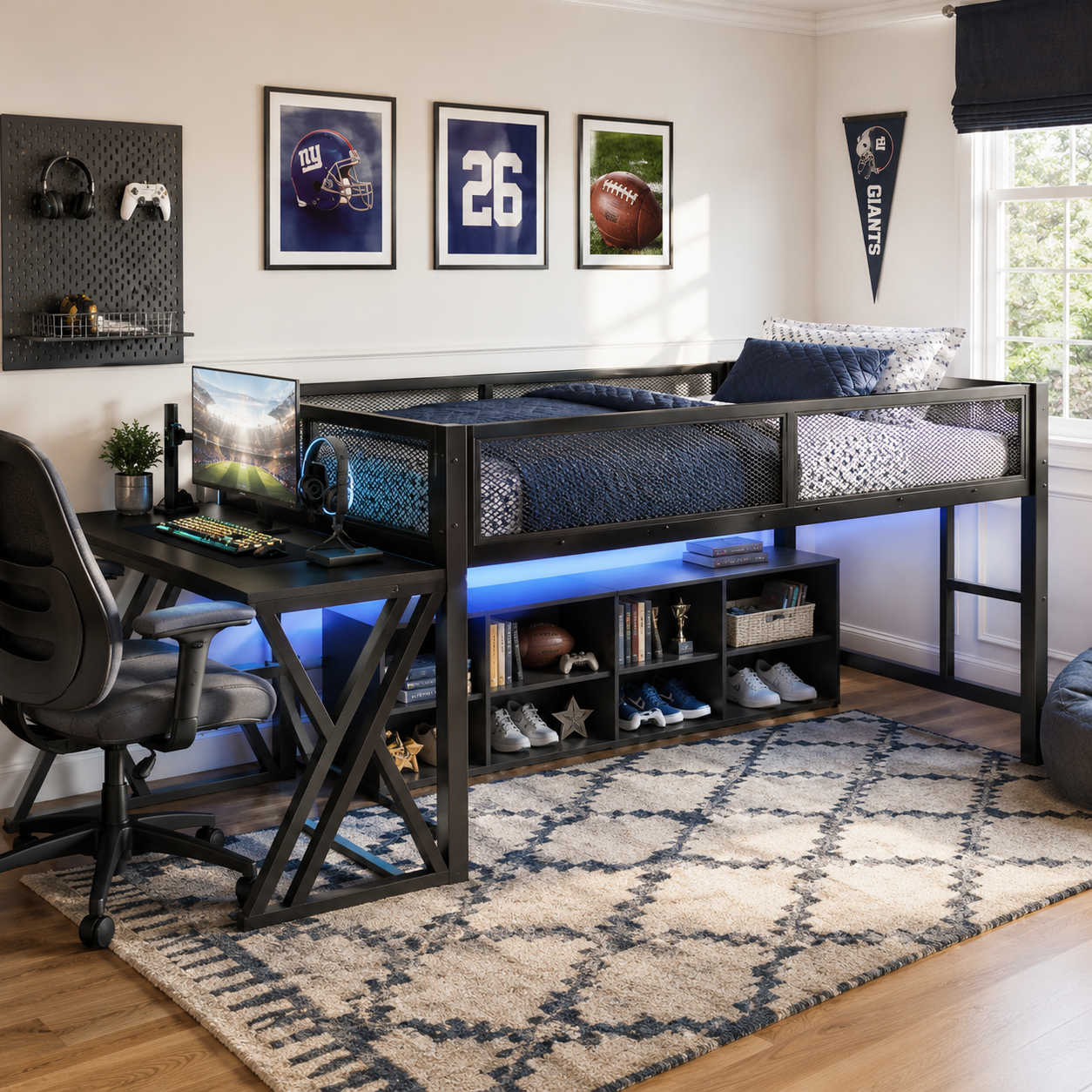 Darsen black full size metal low loft bed with gaming desk and shelving in a cozy bedroom