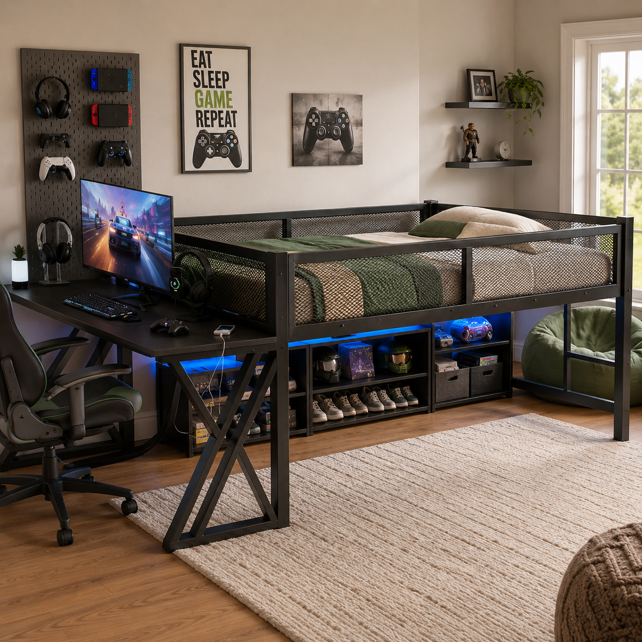 Darsen black full size metal low loft bed with LED lights in a gaming-style room