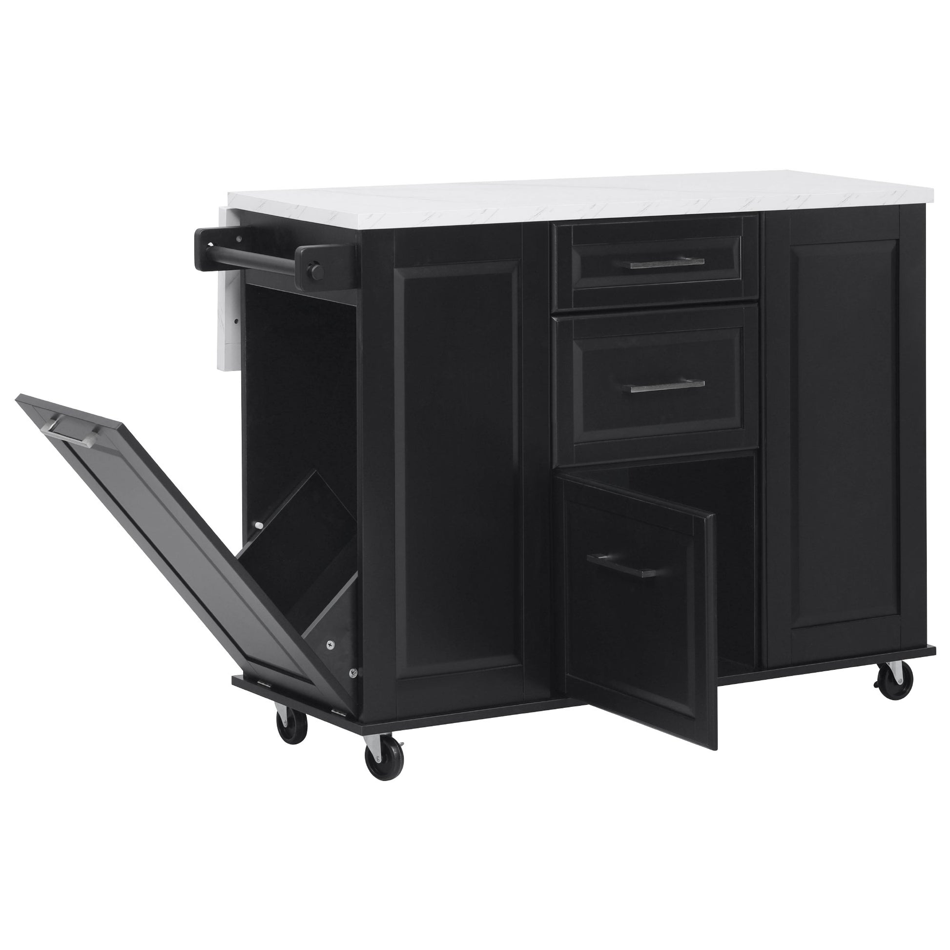 Deauville black kitchen island showing hidden tilt-out trash cabinet lower storage compartment drawers and rolling caster wheels