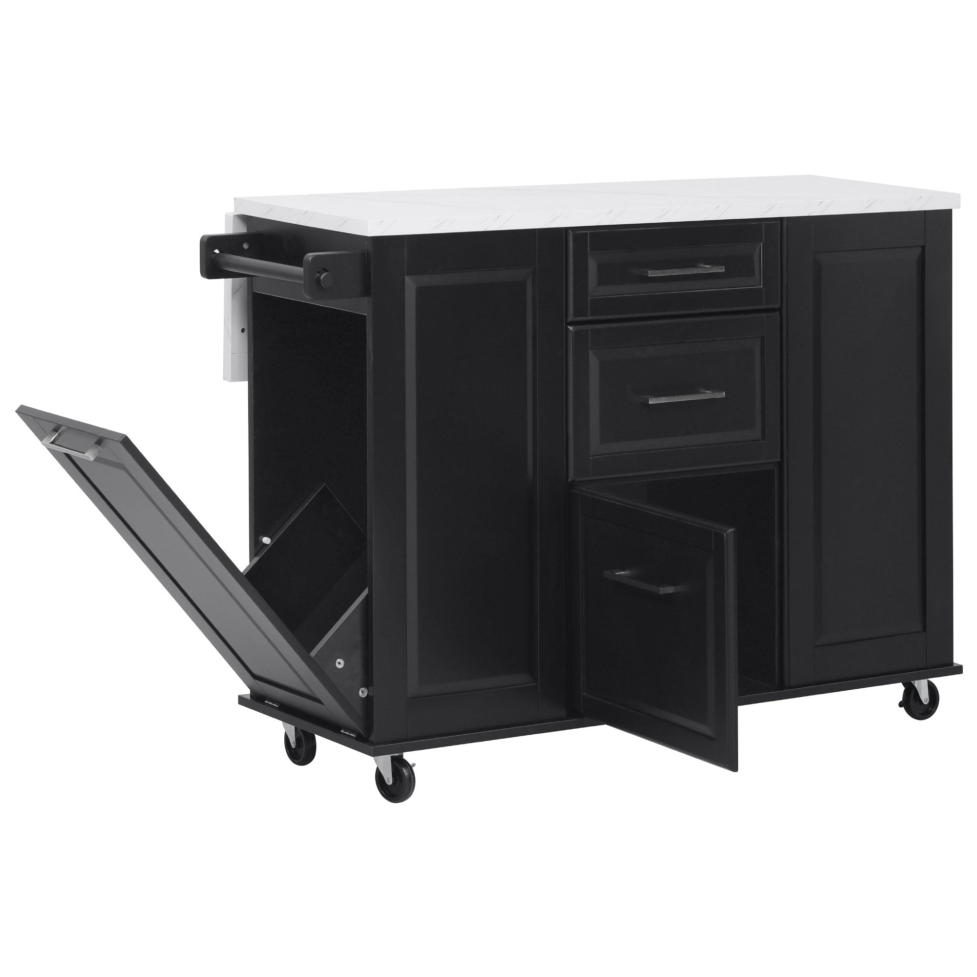 Deauville black kitchen island showing hidden tilt-out trash cabinet lower storage compartment drawers and rolling caster wheels